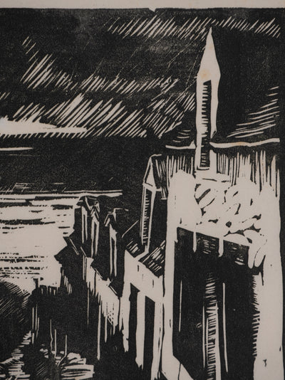 Ecole XXème : Le village de pécheurs, Gravure originale signée