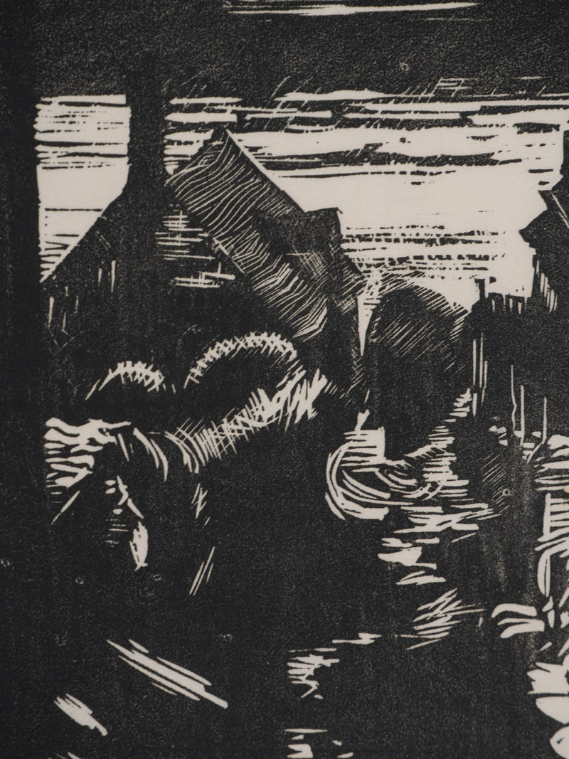 Ecole XXème : Le village de pécheurs, Gravure originale signée