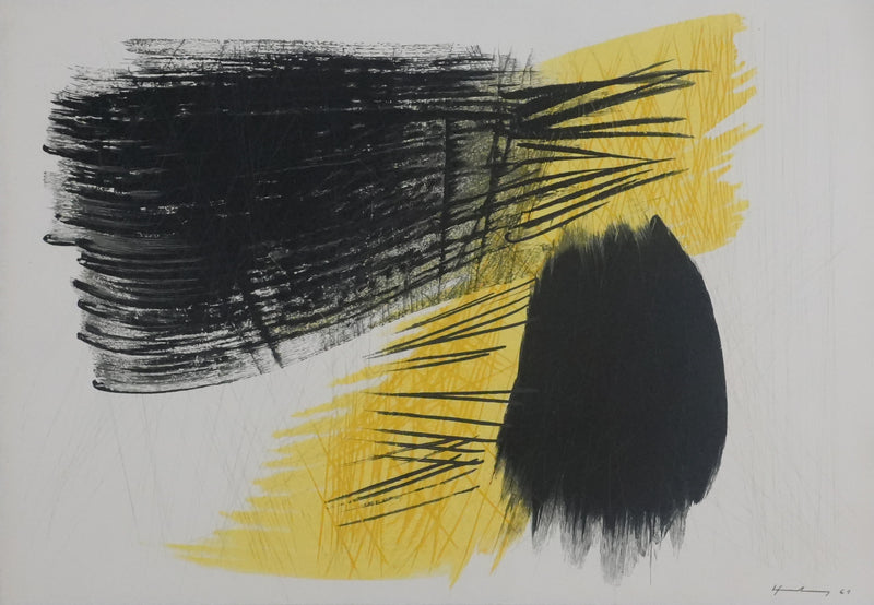 Hans HARTUNG : Abstraction noire et jaune, P97, Gravure signée