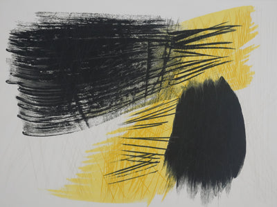 Hans HARTUNG : Abstraction noire et jaune, P97, Gravure signée