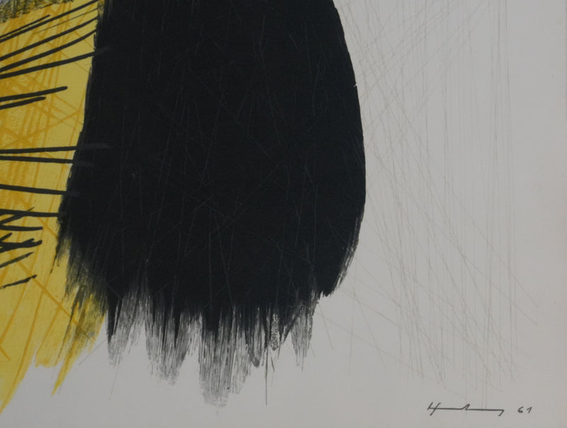 Hans HARTUNG : Abstraction noire et jaune, P97, Gravure signée