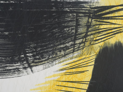 Hans HARTUNG : Abstraction noire et jaune, P97, Gravure signée