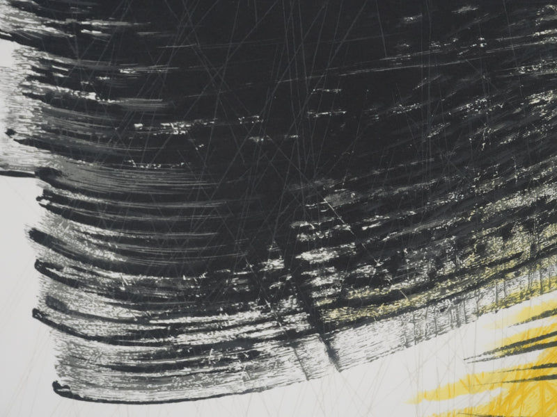 Hans HARTUNG : Abstraction noire et jaune, P97, Gravure signée