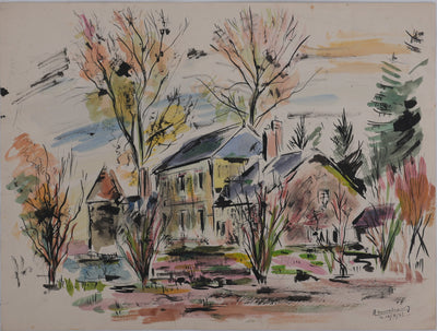 Ecole XXème : La maison dans la Loire, Aquarelle originale signée
