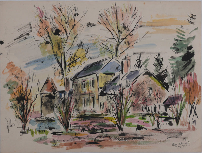 Ecole XXème : La maison dans la Loire, Aquarelle originale signée