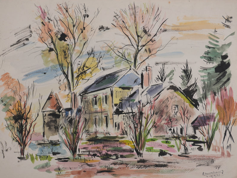 Ecole XXème : La maison dans la Loire, Aquarelle originale signée