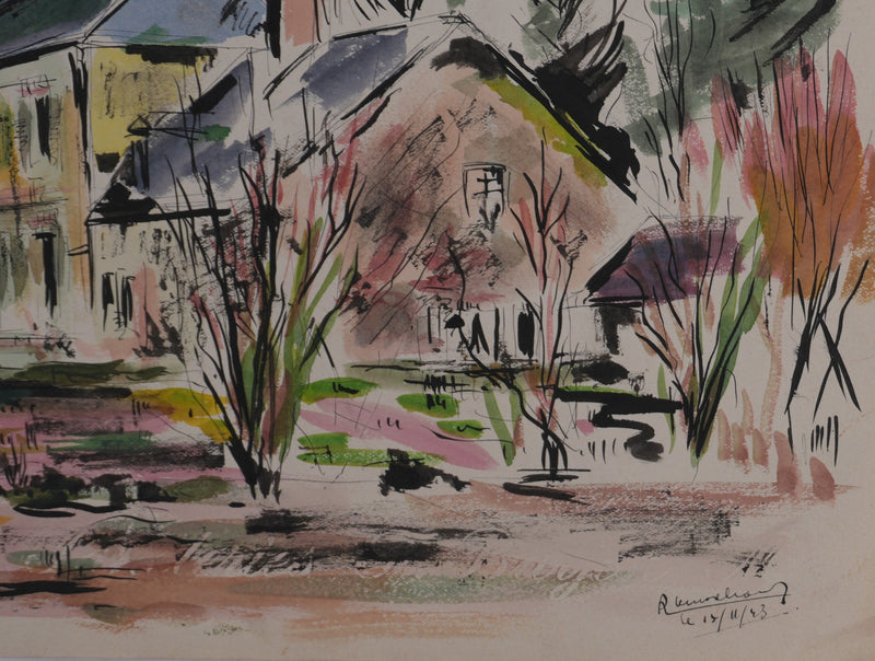 Ecole XXème : La maison dans la Loire, Aquarelle originale signée