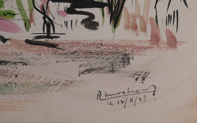 Ecole XXème : La maison dans la Loire, Aquarelle originale signée