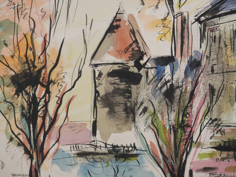 Ecole XXème : La maison dans la Loire, Aquarelle originale signée