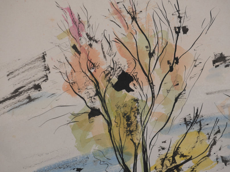 Ecole XXème : La maison dans la Loire, Aquarelle originale signée