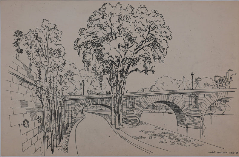André POULAIN : Sur les quais parisiens, Lithographie originale signée