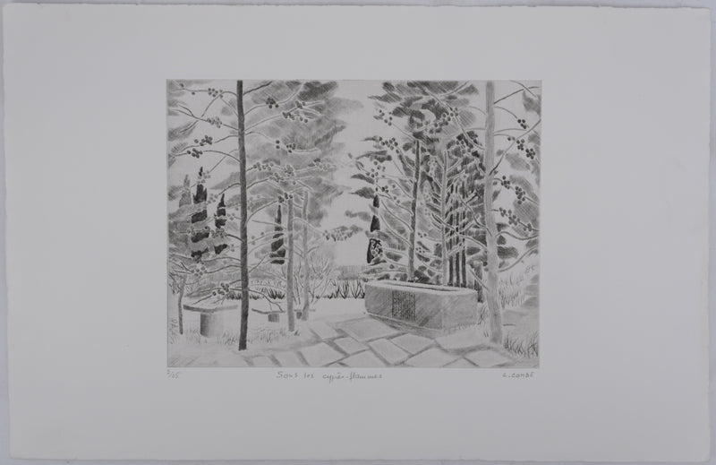 Camille COMBE : Sous les cyprès-flammes, Gravure originale signée