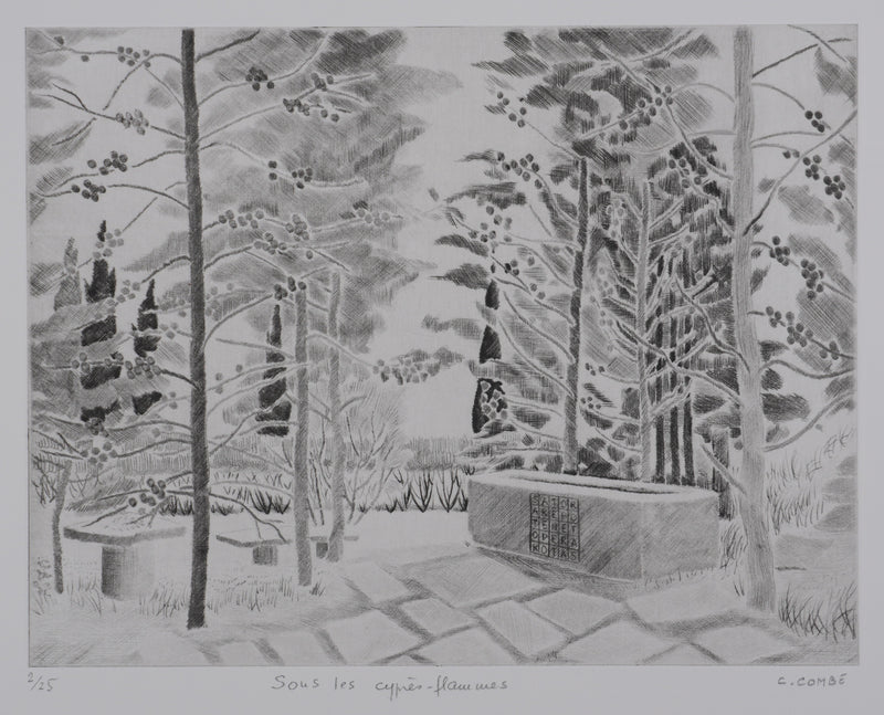 Camille COMBE : Sous les cyprès-flammes, Gravure originale signée