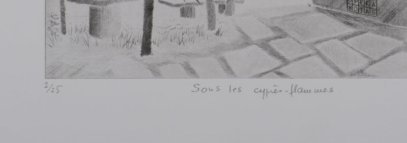 Camille COMBE : Sous les cyprès-flammes, Gravure originale signée