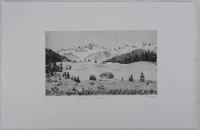 Camille COMBE : Au loin, les sommets, Gravure originale signée