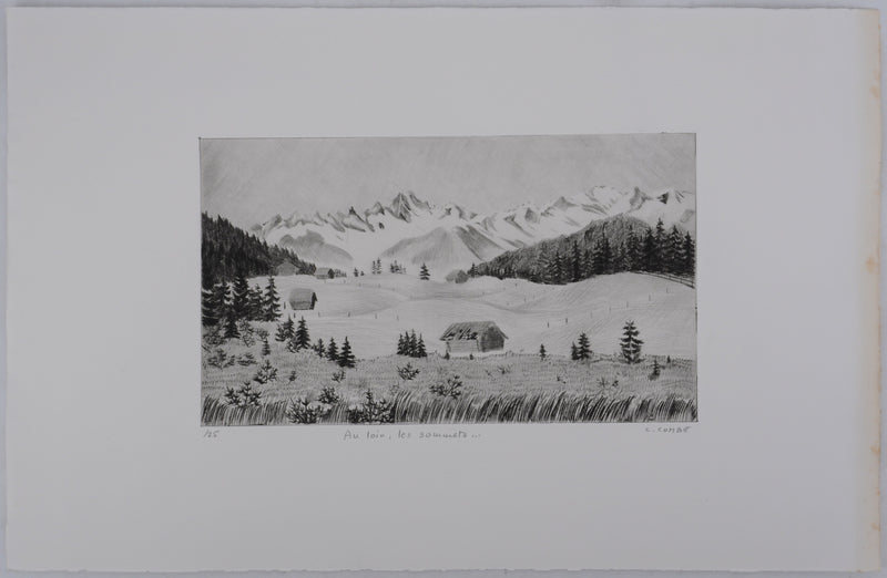 Camille COMBE : Au loin, les sommets, Gravure originale signée