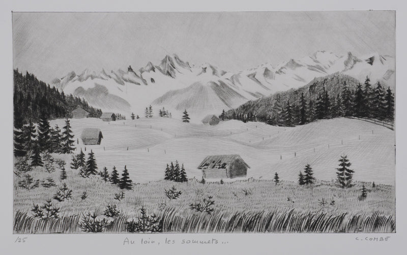 Camille COMBE : Au loin, les sommets, Gravure originale signée