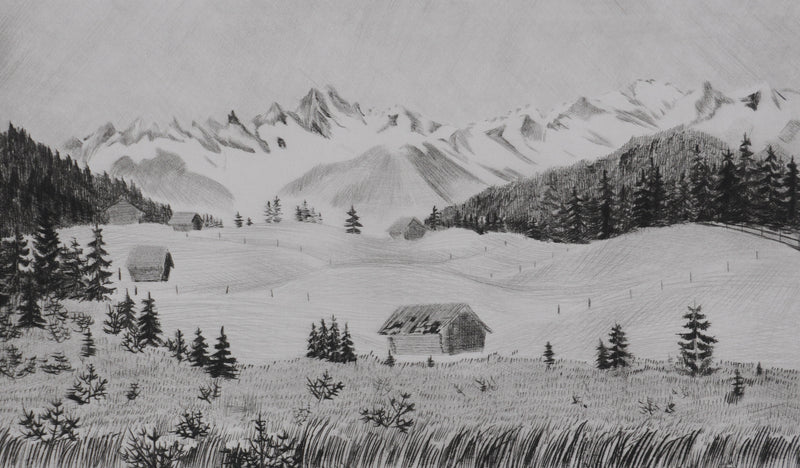 Camille COMBE : Au loin, les sommets, Gravure originale signée
