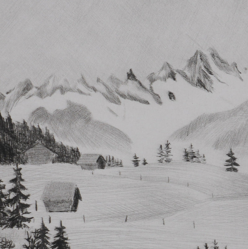 Camille COMBE : Au loin, les sommets, Gravure originale signée