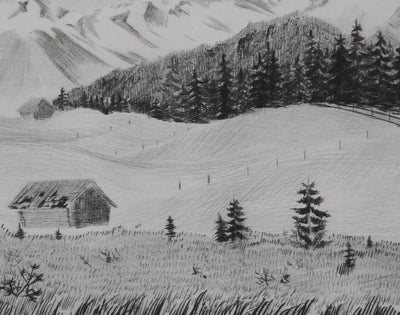Camille COMBE : Au loin, les sommets, Gravure originale signée
