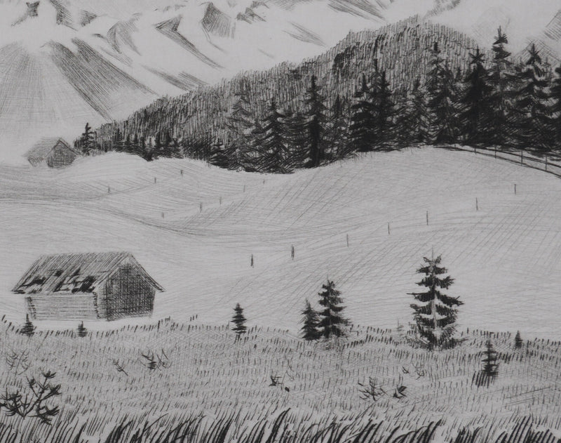 Camille COMBE : Au loin, les sommets, Gravure originale signée