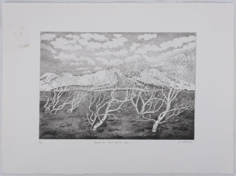Camille COMBE : Dans le vent de la mer, Gravure originale signée