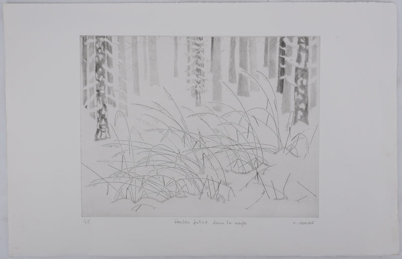 Camille COMBE : Herbes folles dans la neige, Gravure originale signée