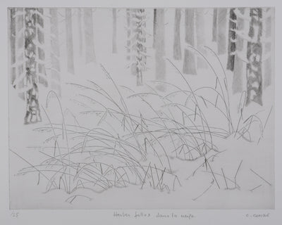 Camille COMBE : Herbes folles dans la neige, Gravure originale signée
