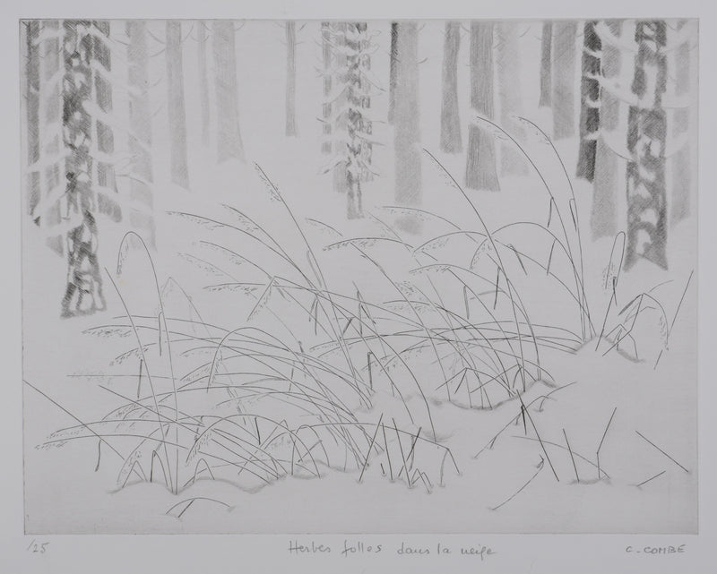 Camille COMBE : Herbes folles dans la neige, Gravure originale signée