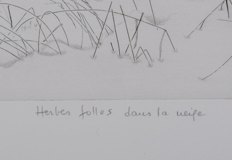 Camille COMBE : Herbes folles dans la neige, Gravure originale signée