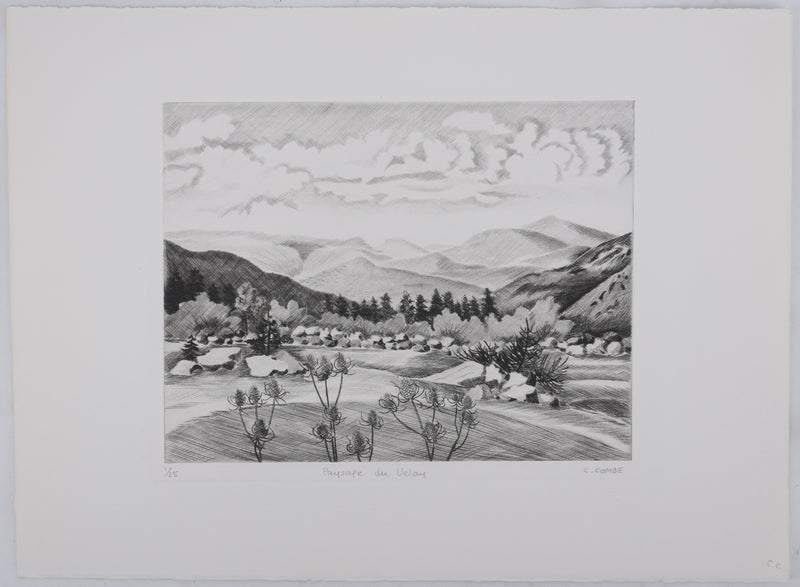 Camille COMBE : Paysage de Velay, Gravure originale signée