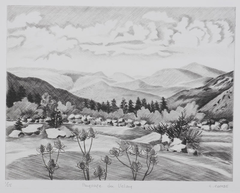 Camille COMBE : Paysage de Velay, Gravure originale signée