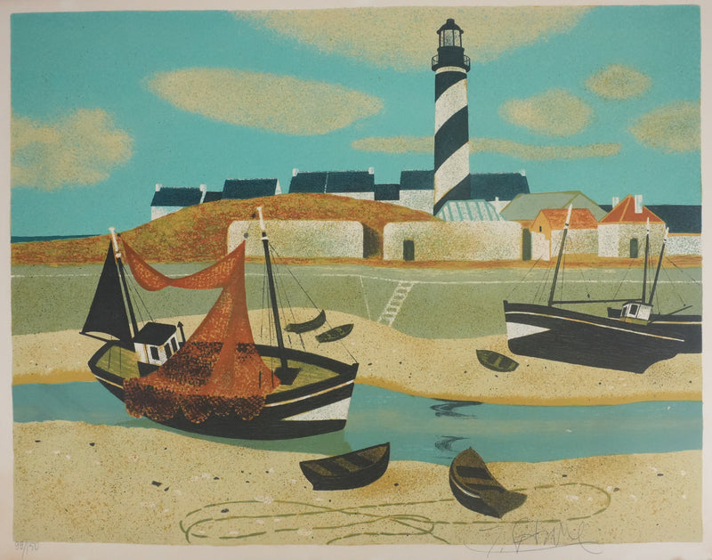 Yves GANNE : Le bateau du phare, Lithographie originale signée