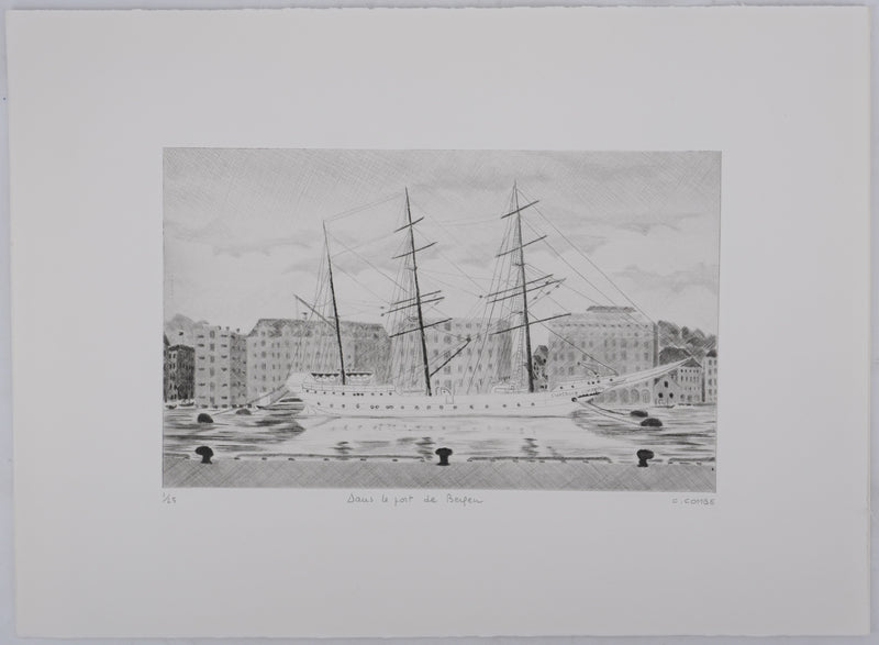 Camille COMBE : Dans le port de Bergen, Gravure originale signée