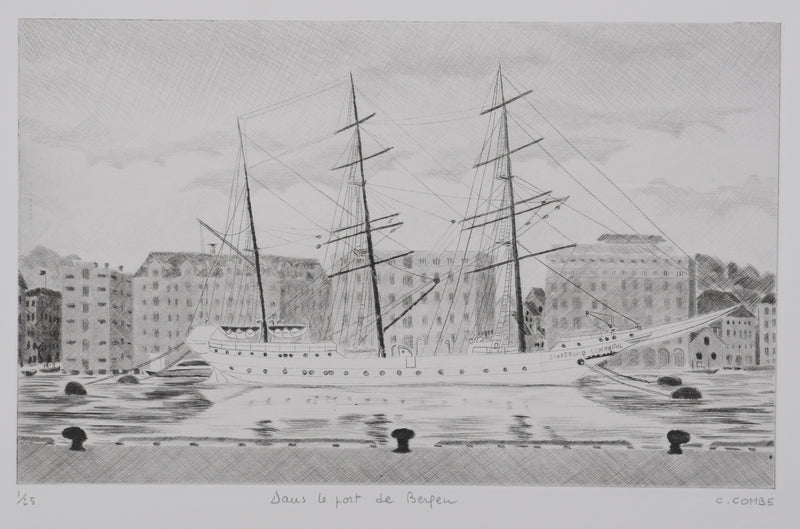 Camille COMBE : Dans le port de Bergen, Gravure originale signée