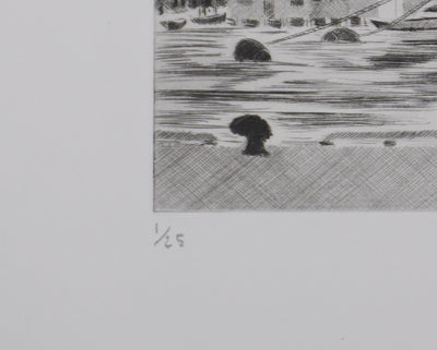 Camille COMBE : Dans le port de Bergen, Gravure originale signée