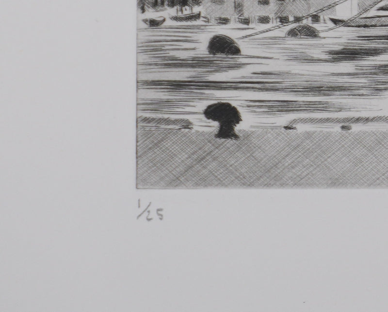 Camille COMBE : Dans le port de Bergen, Gravure originale signée