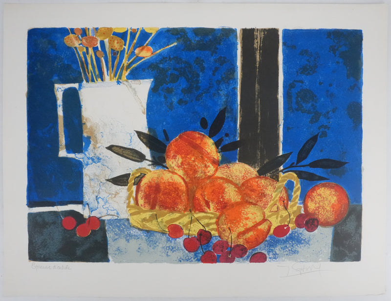 Yves GANNE : Les pêches et les cerises, Lithographie originale signée
