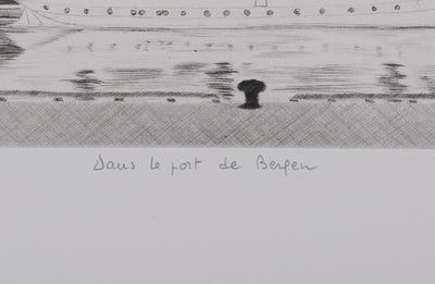 Camille COMBE : Dans le port de Bergen, Gravure originale signée