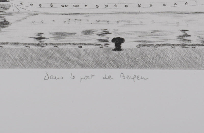 Camille COMBE : Dans le port de Bergen, Gravure originale signée