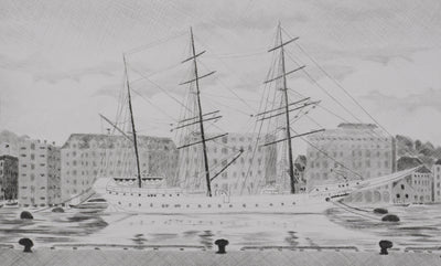 Camille COMBE : Dans le port de Bergen, Gravure originale signée