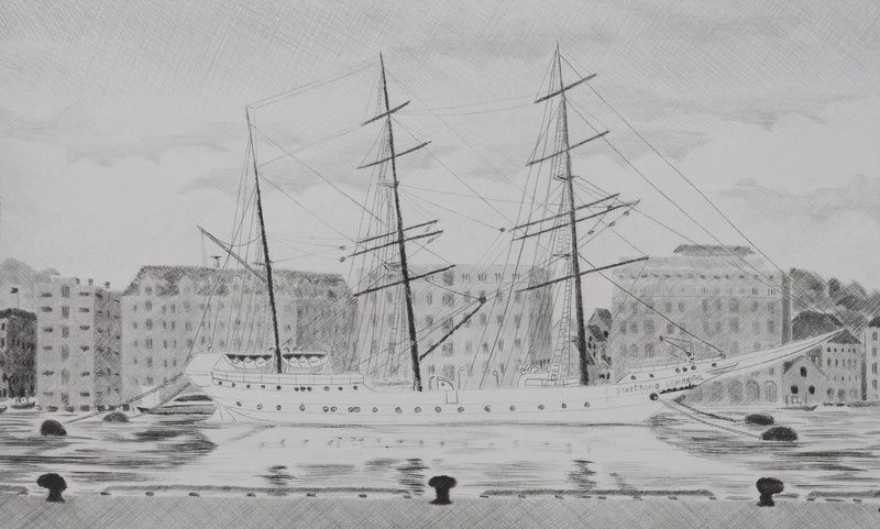 Camille COMBE : Dans le port de Bergen, Gravure originale signée