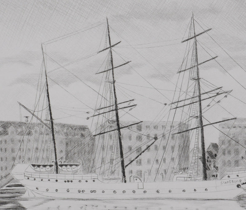 Camille COMBE : Dans le port de Bergen, Gravure originale signée