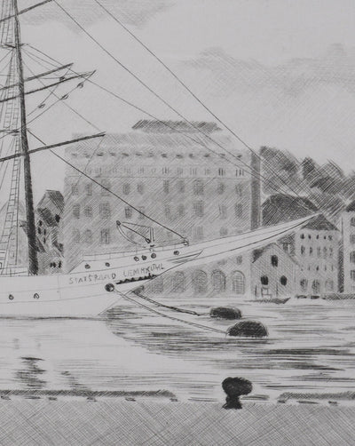 Camille COMBE : Dans le port de Bergen, Gravure originale signée
