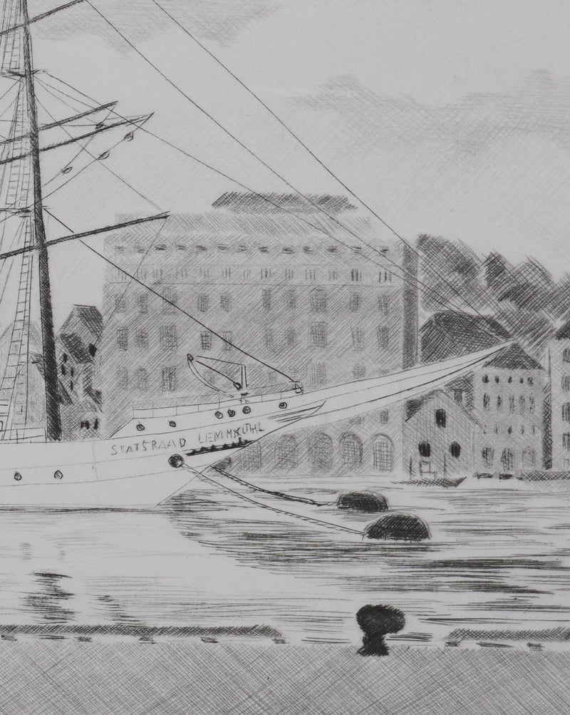 Camille COMBE : Dans le port de Bergen, Gravure originale signée