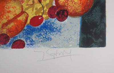 Yves GANNE : Les pêches et les cerises, Lithographie originale signée