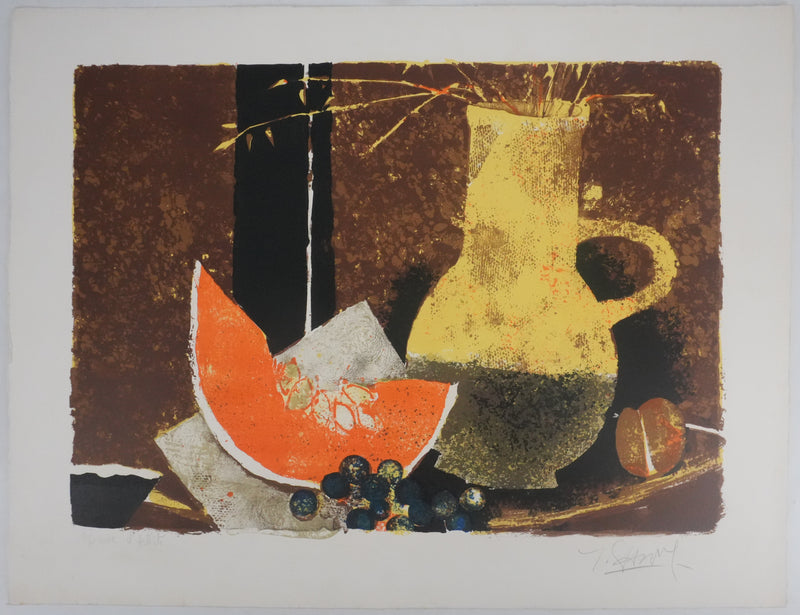 Yves GANNE : Le pichet jaune et le melon, Lithographie originale signée