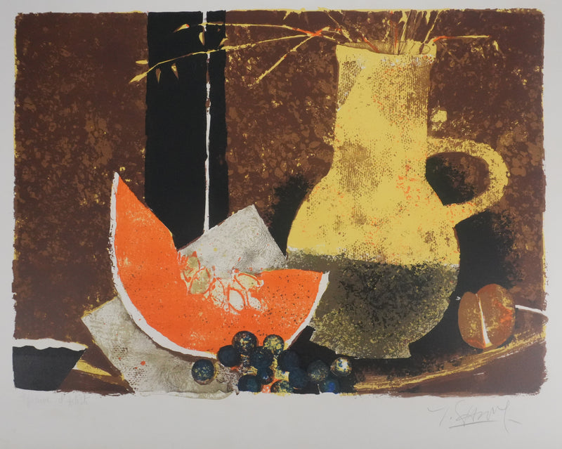 Yves GANNE : Le pichet jaune et le melon, Lithographie originale signée