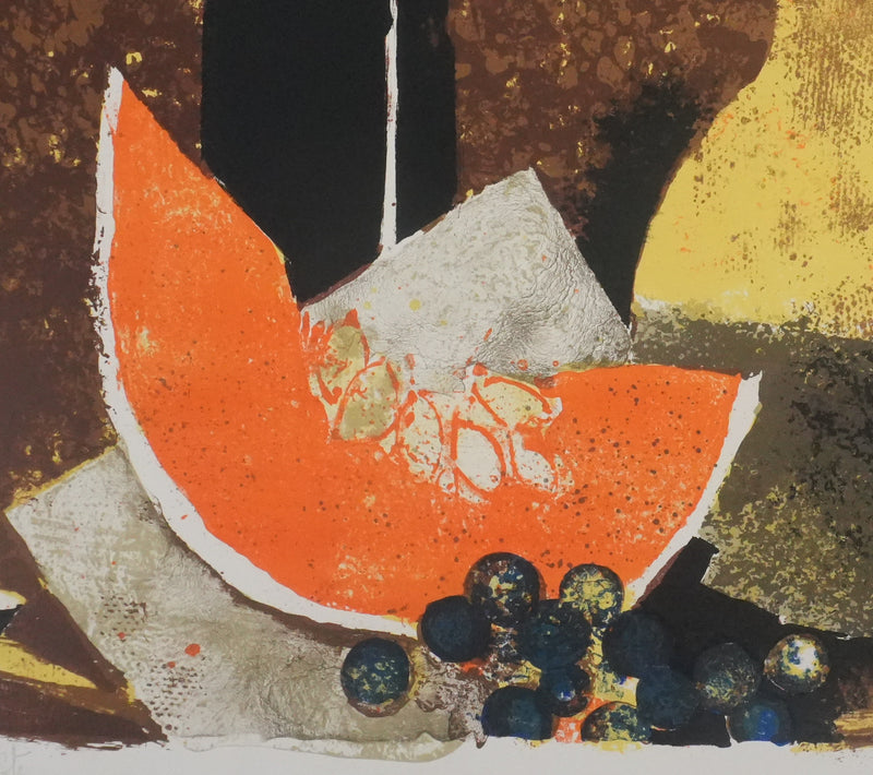Yves GANNE : Le pichet jaune et le melon, Lithographie originale signée