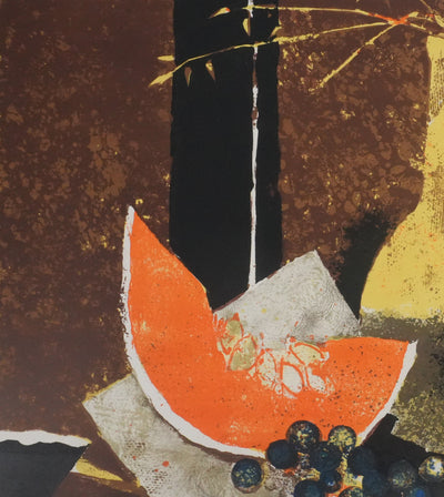 Yves GANNE : Le pichet jaune et le melon, Lithographie originale signée